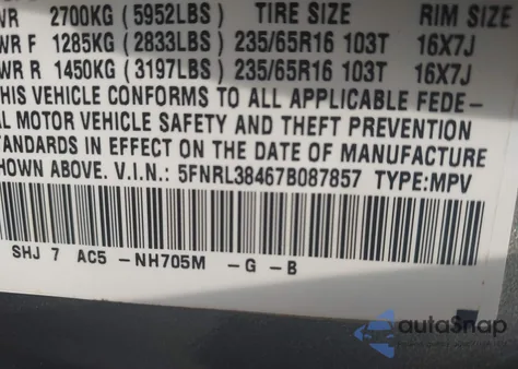 2007 Honda Odyssey Ex from USA, damaged, VIN 5FNRL38467B087857